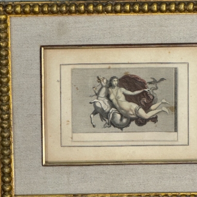 Grabado original del siglo XVIII de Venus a caballo, de la serie Antigüedades de Herculano, enmarcado en madera dorada tallada