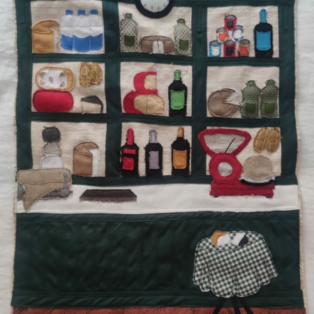 Textile artwork of pantry scene by Pili Iglesias